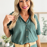 Open Collar Safari Short Sleeve Button Up Top