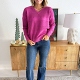 V Neck Side Texture Detailed Long Sleeve Pullover Sweater