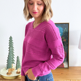 V Neck Side Texture Detailed Long Sleeve Pullover Sweater
