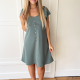 Flutter Sleeve Square Neck Button Down Dress