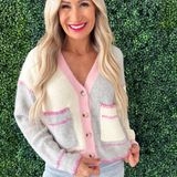 Color Block Stitch Embroidery Button Front Cardigan