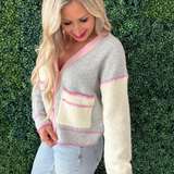 Color Block Stitch Embroidery Button Front Cardigan