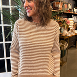 Two Toned Color Trimmed Long Sleeve Crew Neck