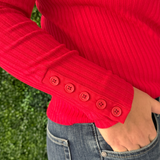 Long Sleeve Mock Neck Knit Top w/ Button Detail