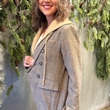 Hooded Herringbone Pattern Double Breasted Blazer