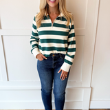 Striped Collared Long Sleeve Quarter Zip Top