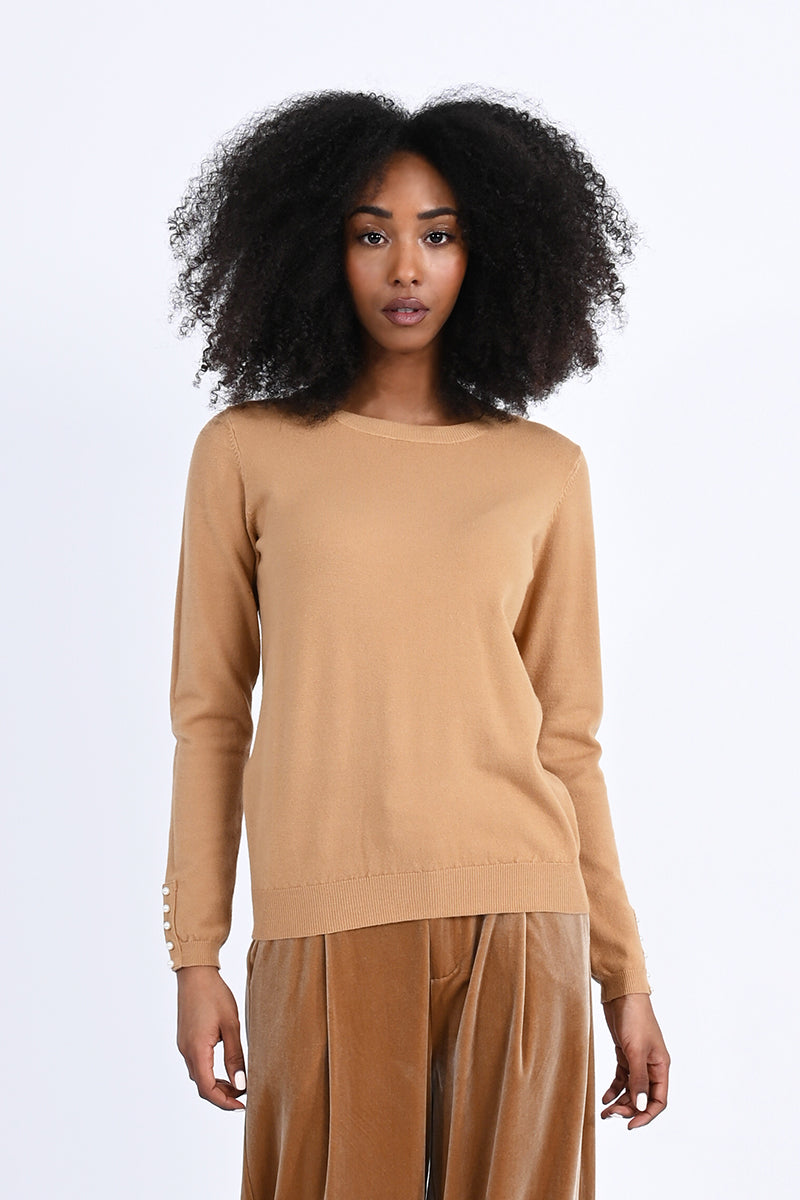 Button Back Solid Crew Sweater