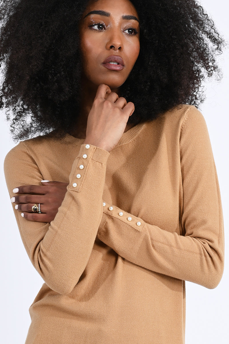 Button Back Solid Crew Sweater