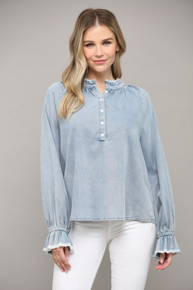 Raw Edge Ruffle Collar Cuff Long Sleeve