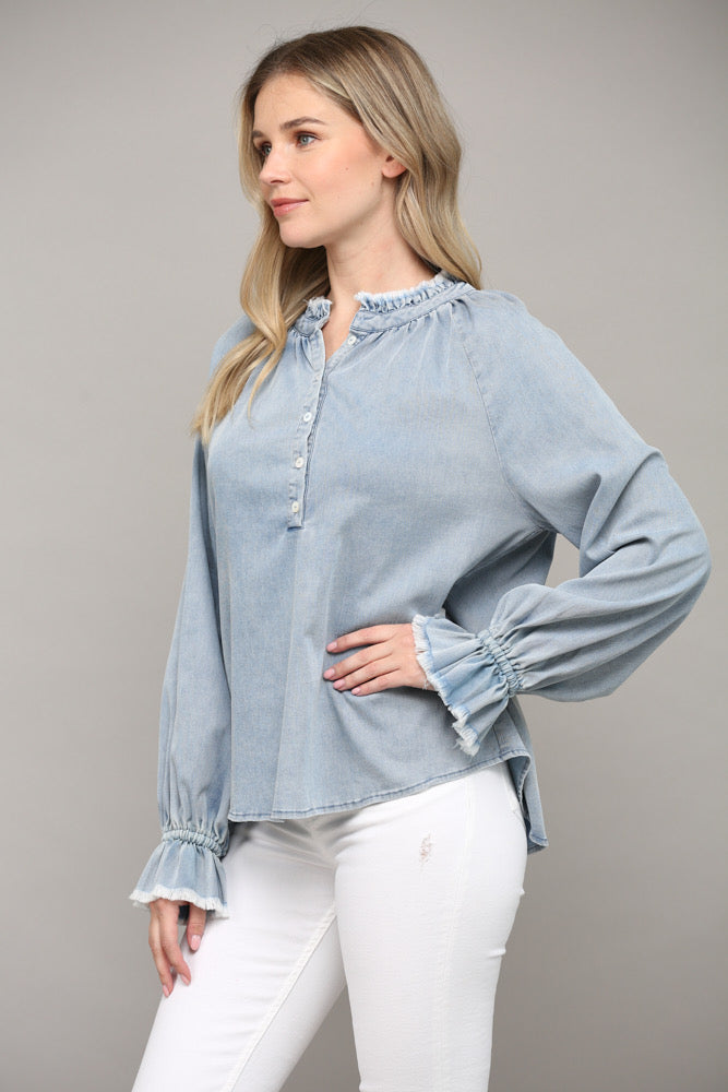 Raw Edge Ruffle Collar Cuff Long Sleeve