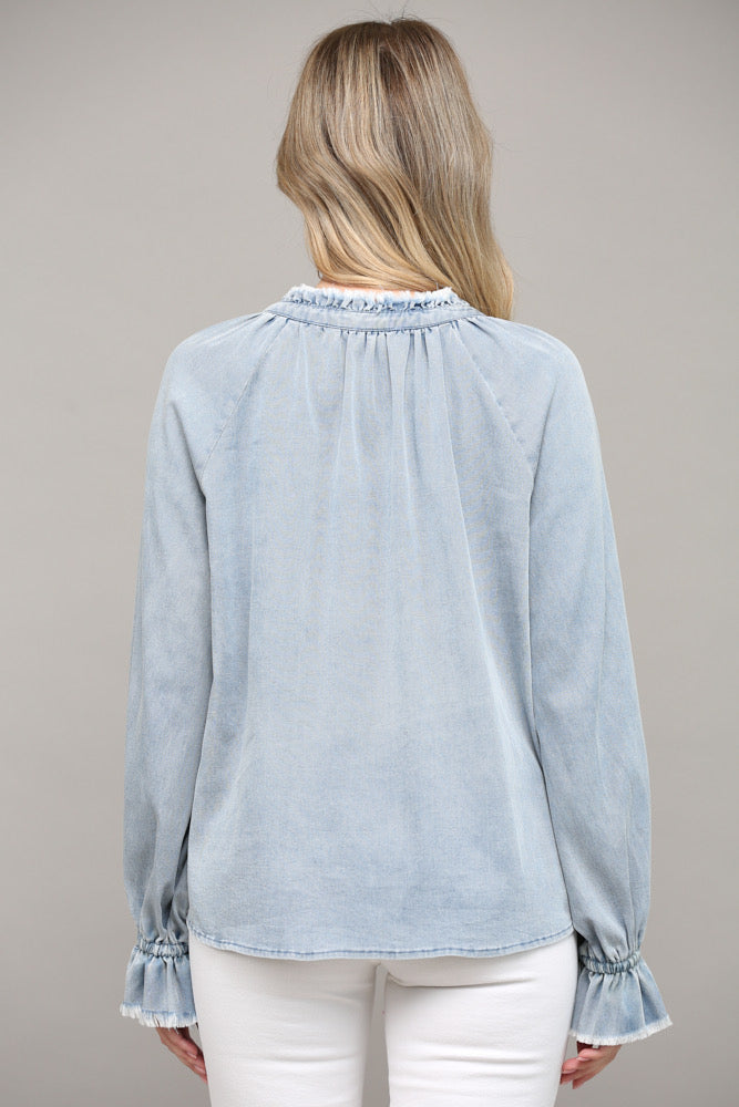 Raw Edge Ruffle Collar Cuff Long Sleeve