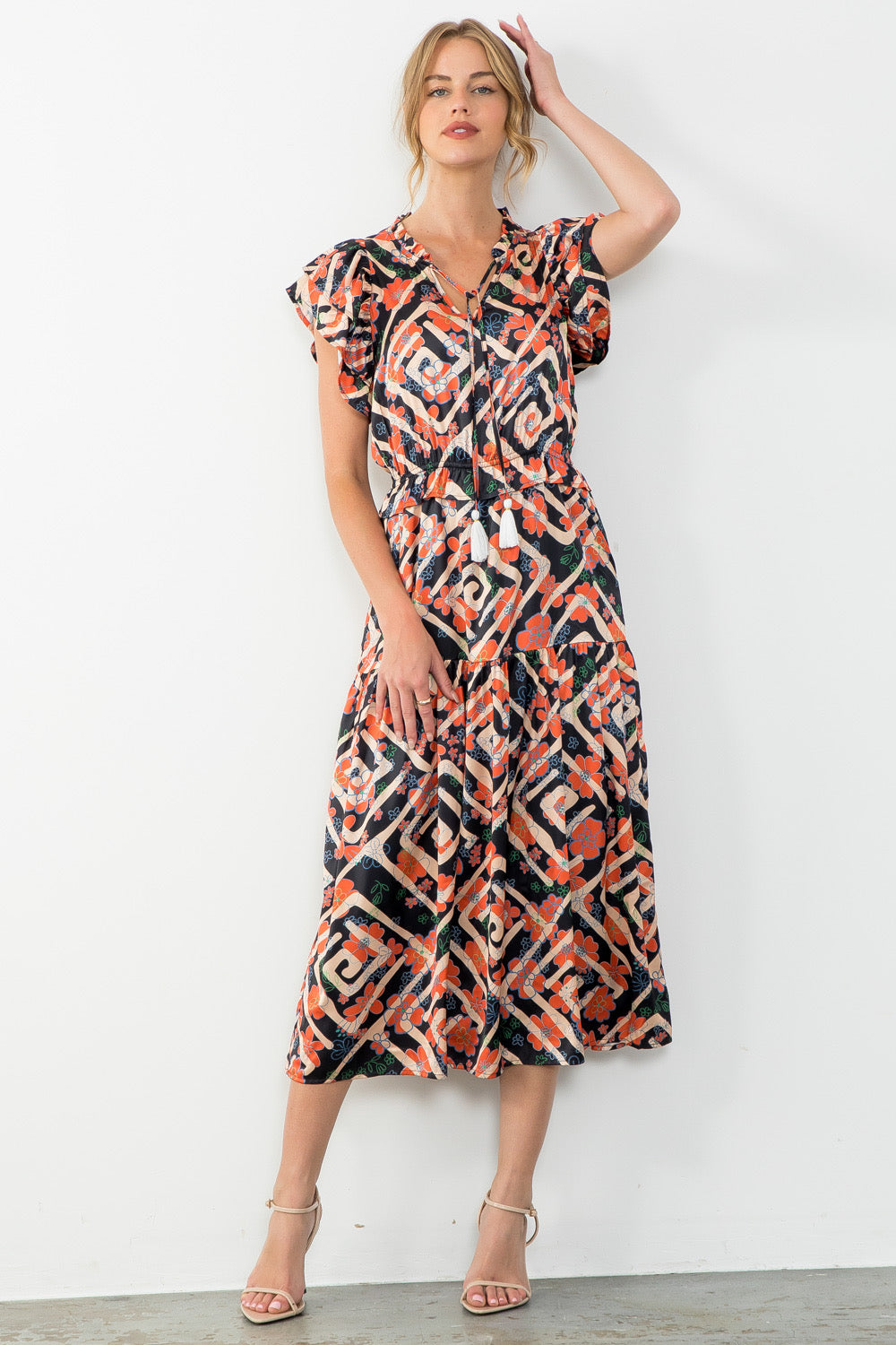 Abstract Floral Print Flutter Midi Dress