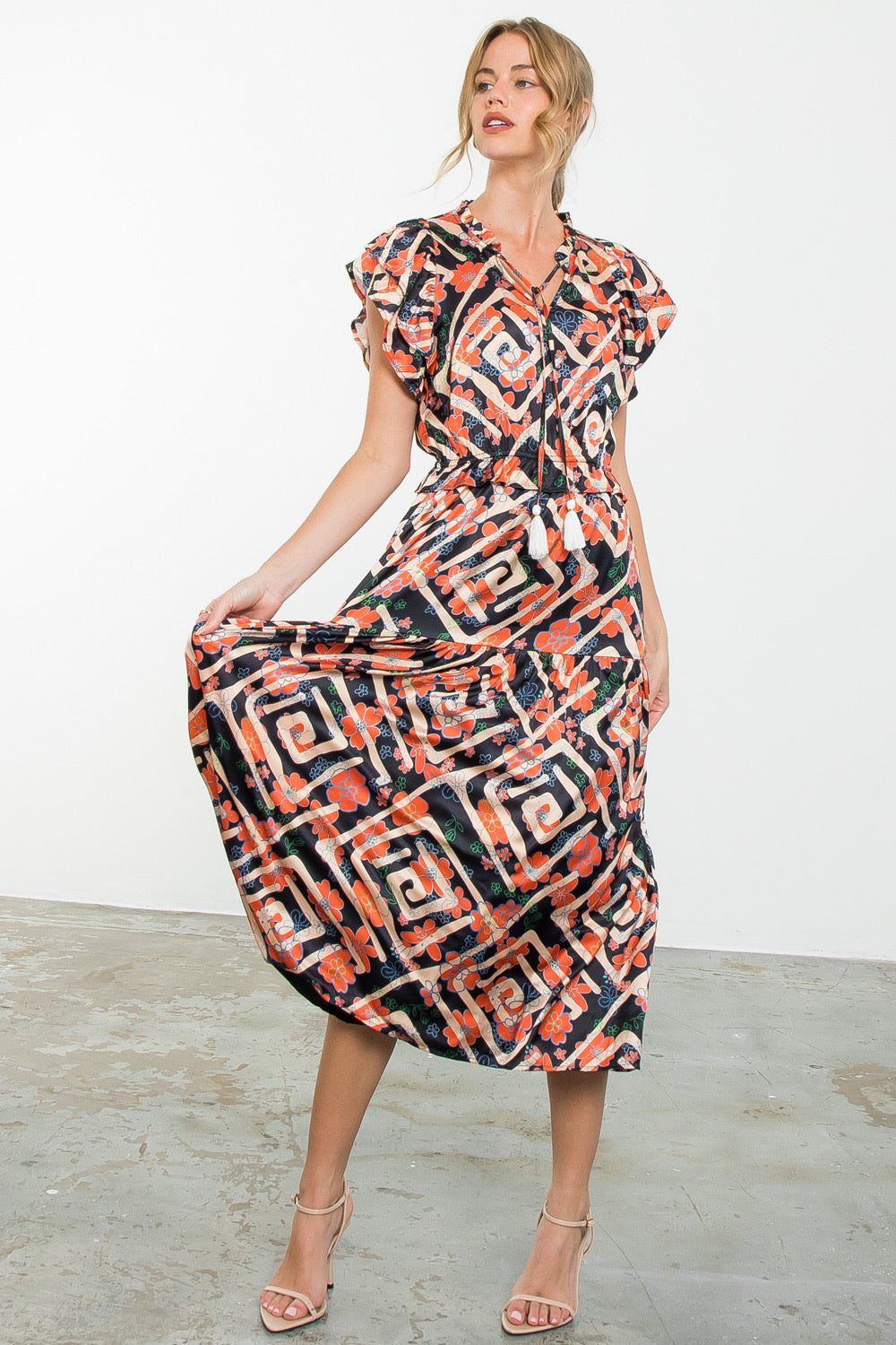 Abstract Floral Print Flutter Midi Dress
