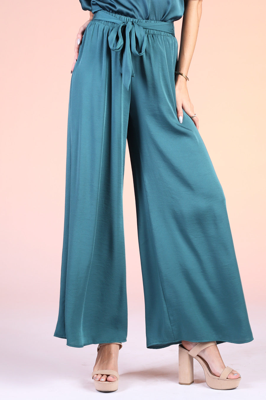 Washed Silk Tie Waist Wide Leg Pants