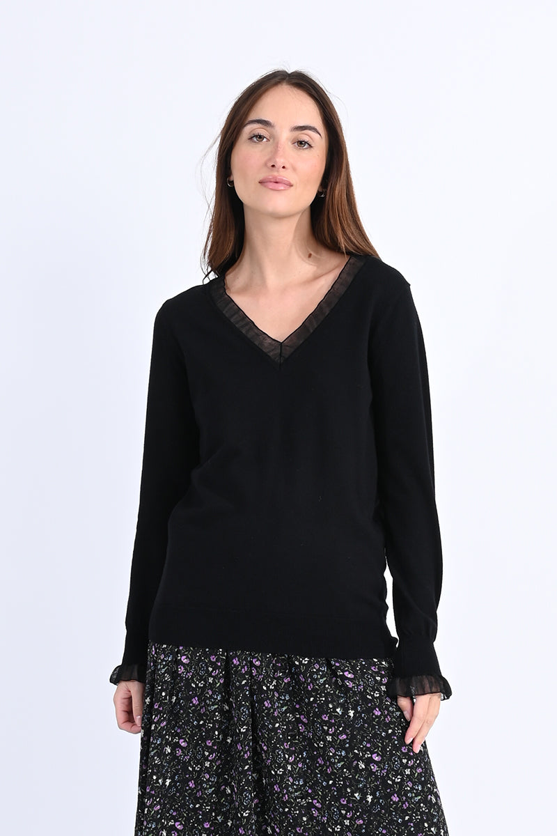 Sheer Ruffled Edge V Neck Sweater