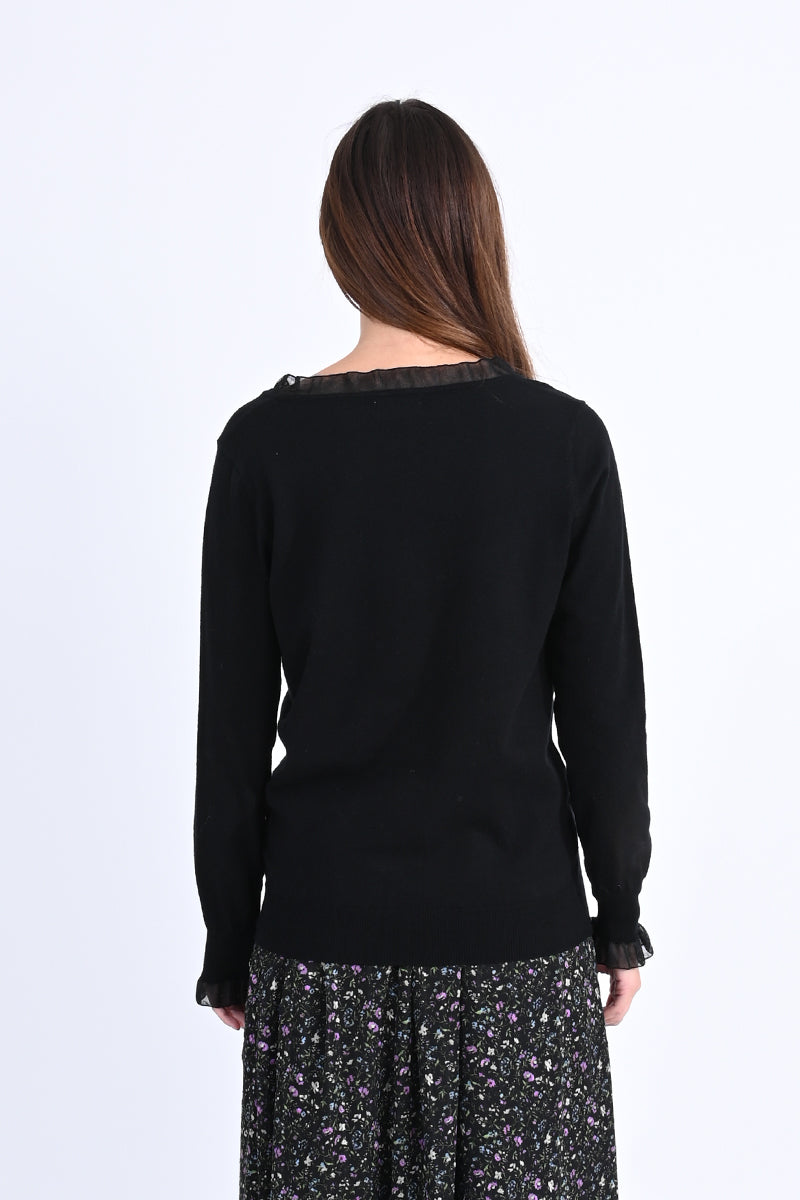 Sheer Ruffled Edge V Neck Sweater