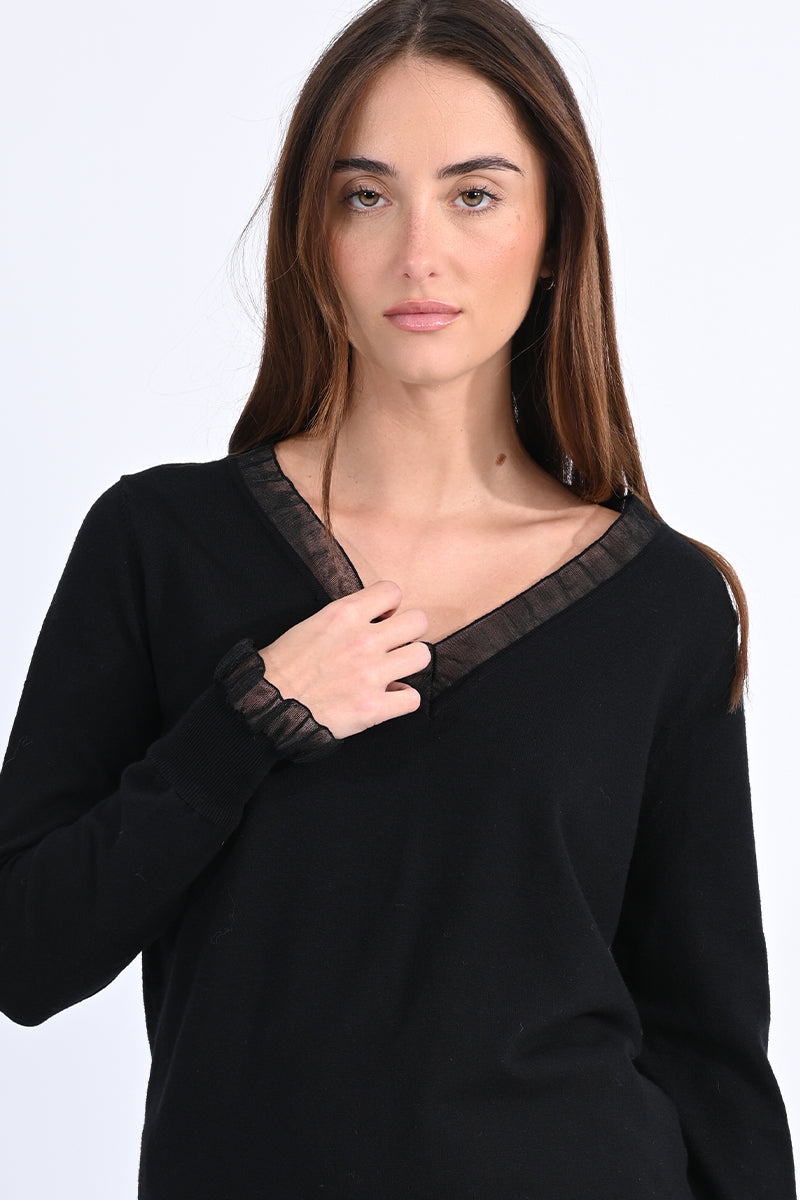 Sheer Ruffled Edge V Neck Sweater