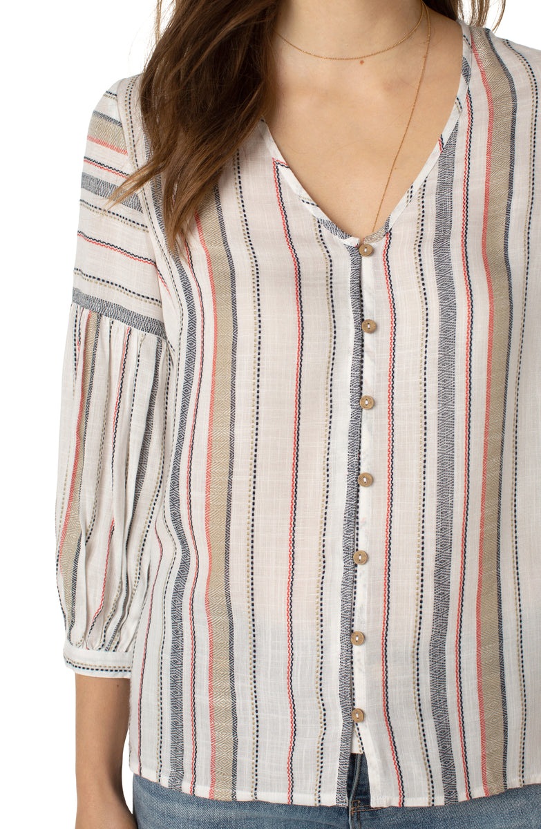 3/4 Sleeve Button Front Peasant Blouse