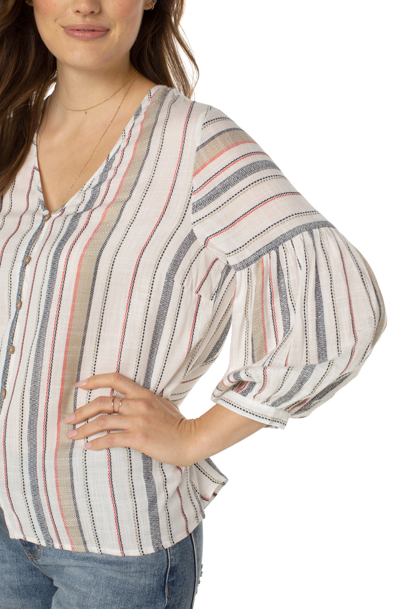 3/4 Sleeve Button Front Peasant Blouse