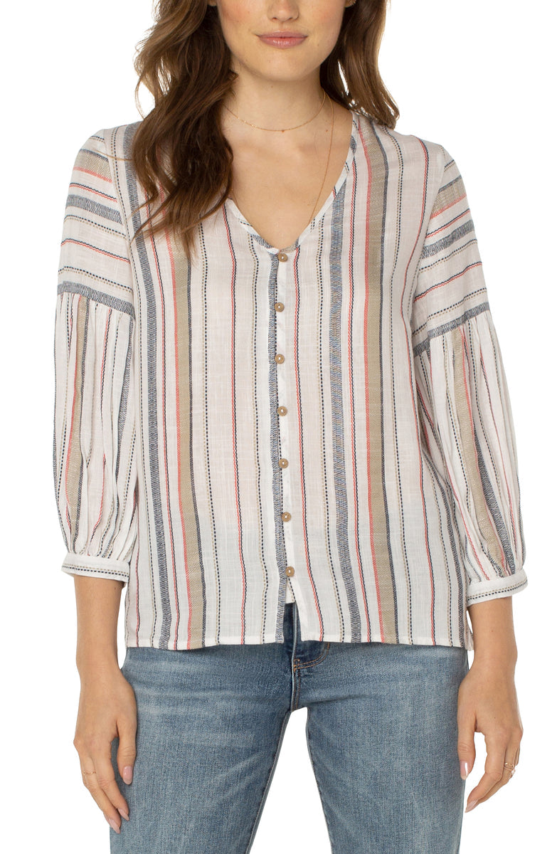 3/4 Sleeve Button Front Peasant Blouse