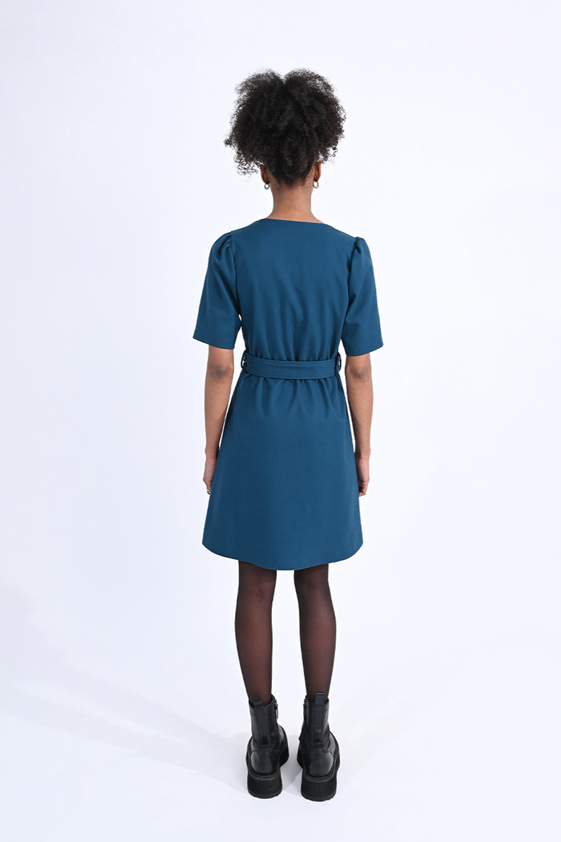Belted Puff Shoulder Short Sleeve Dress