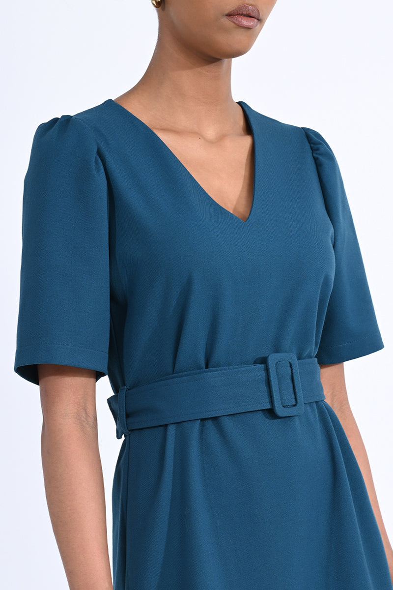 Belted Puff Shoulder Short Sleeve Dress