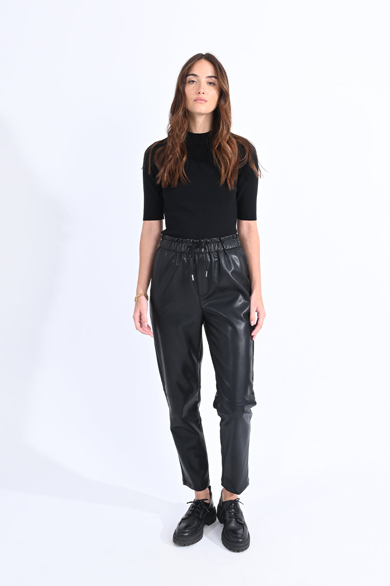 Tie Waist Faux Leather Tapered Pant