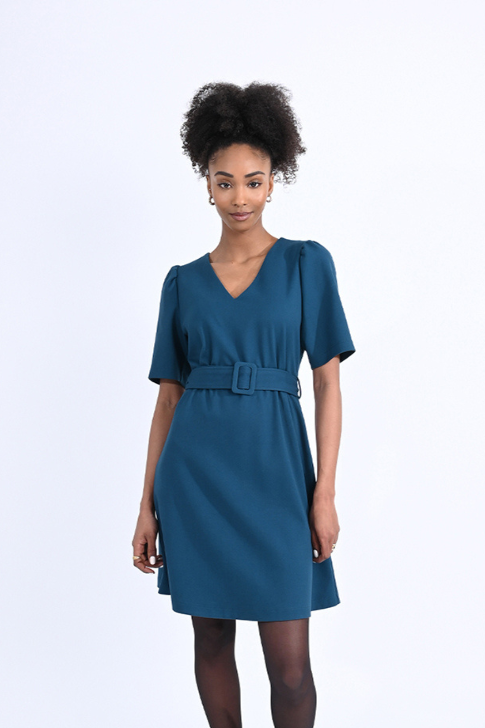 Belted Puff Shoulder Short Sleeve Dress