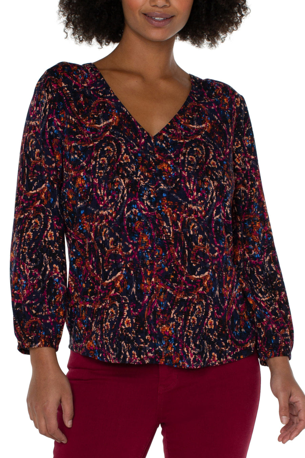 3/4 Sleeve Double V Neck Woven Top