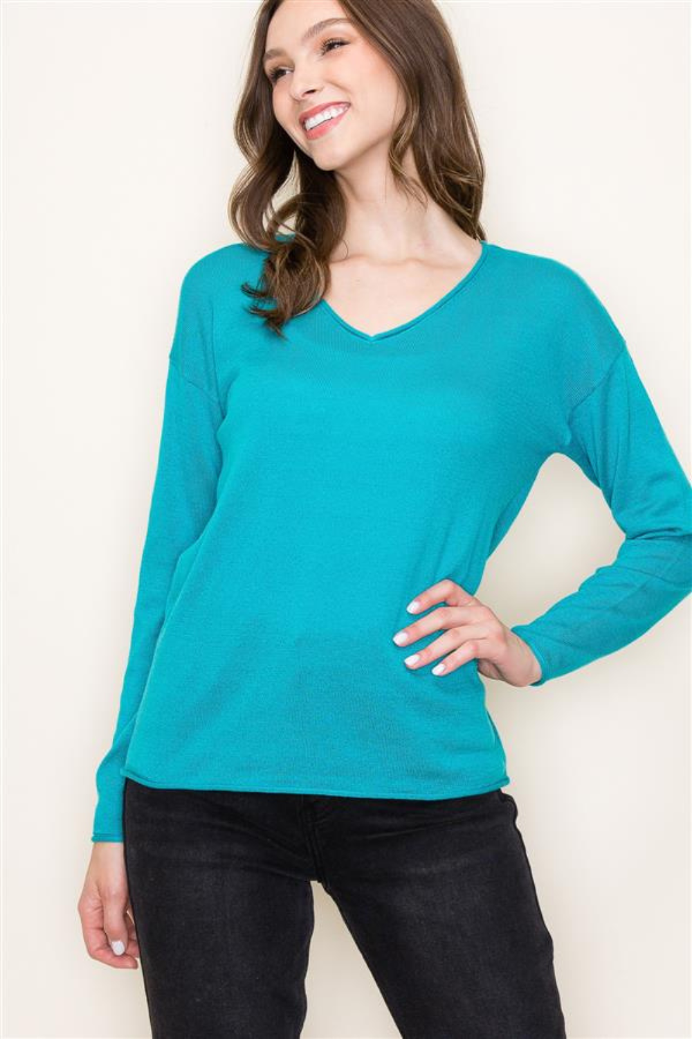 Relaxed V Neck Raw Edge Sweater