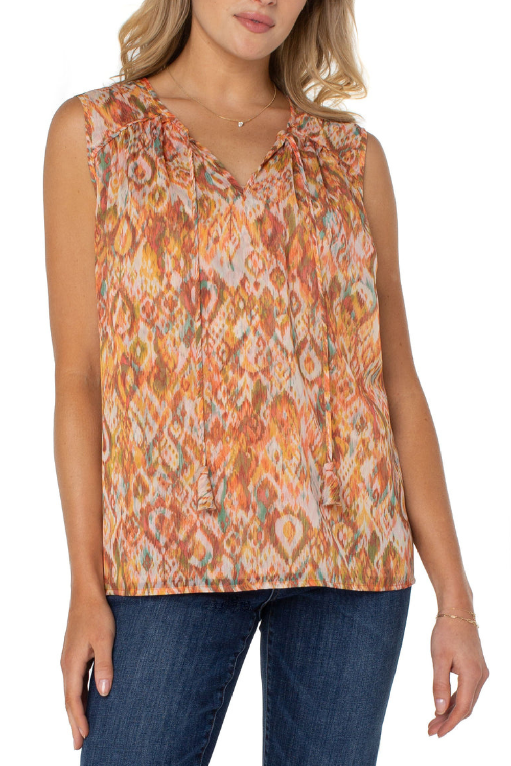 Tie Front Shirred Sleeveless Blouse