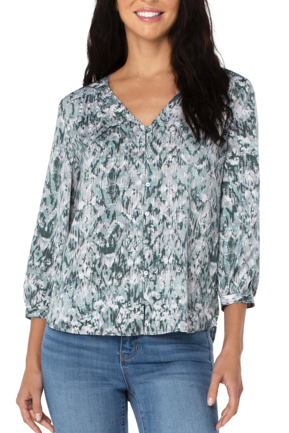 V-Neck 3/4 Puff Sleeve Button Up Shirt