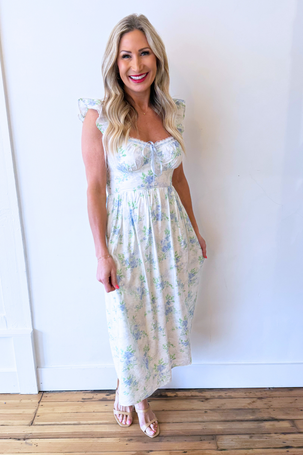 midi dress flutter sleeve Flutter Sleeve Floral Print Midi Dress Large / White-Light Blue