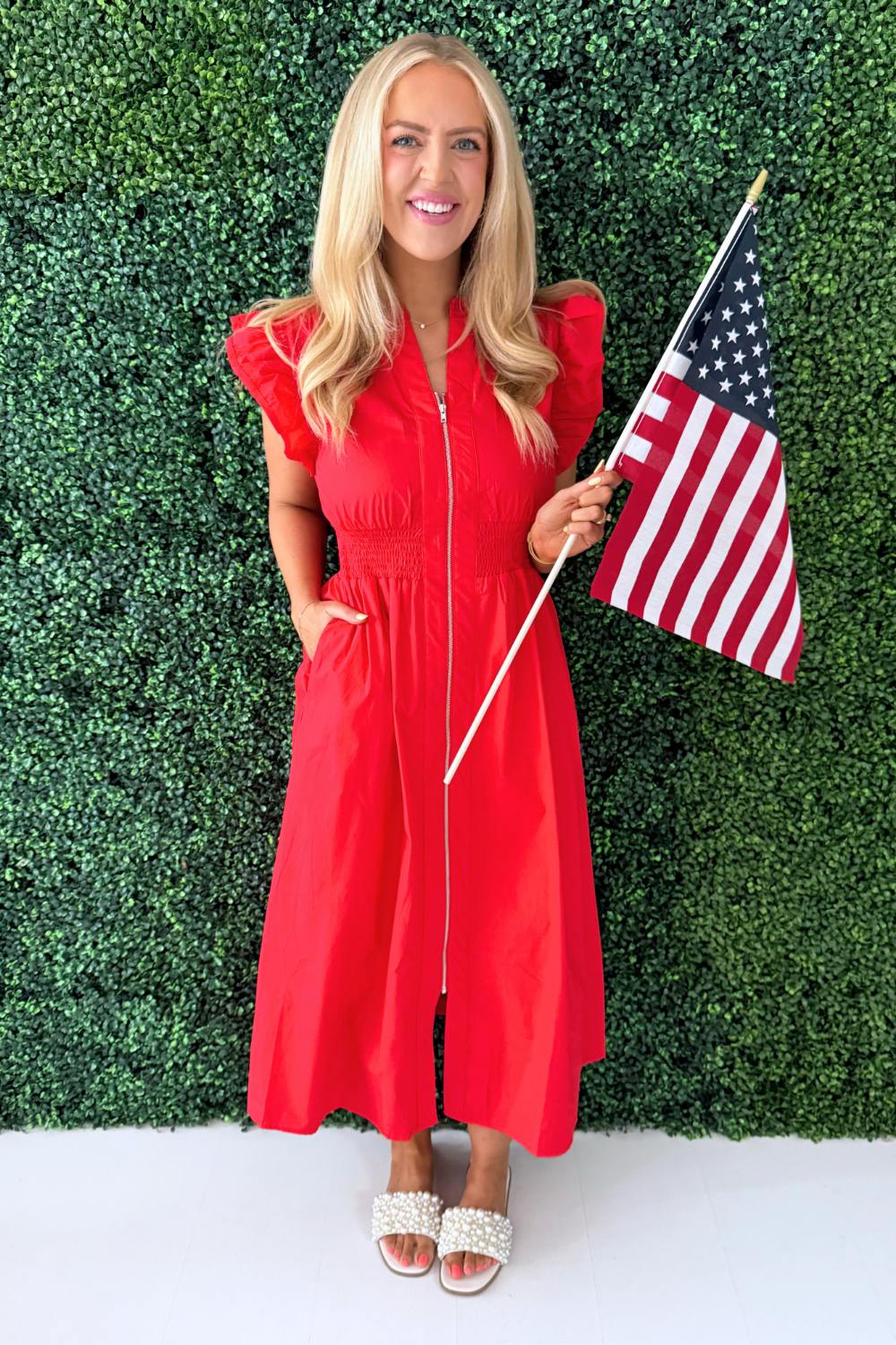 red midi dress with pockets Women's Meet Me Downtown Red Zip Front Midi Dress | Size: L