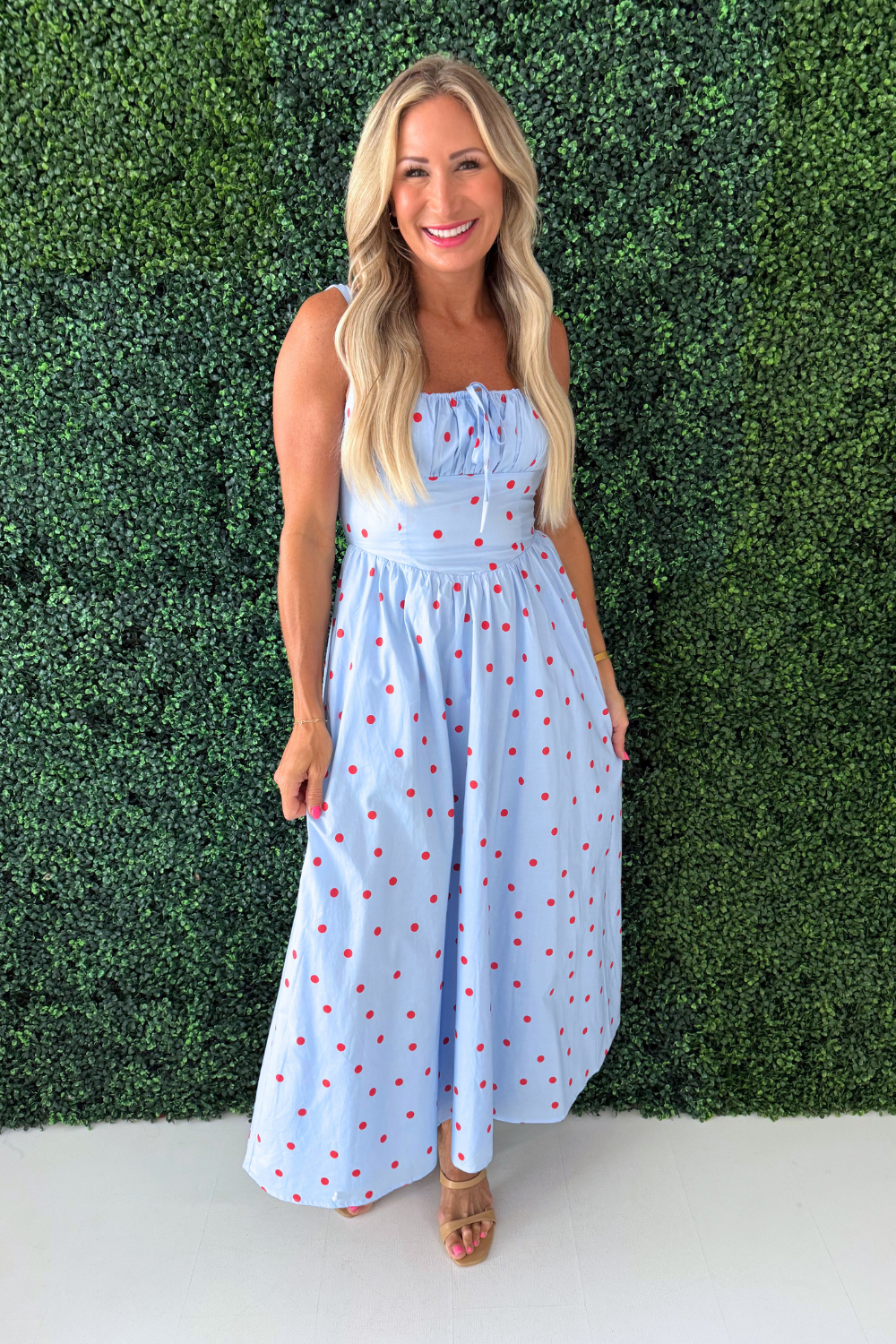Polka Dot Corset Midi Dress Small / Blue