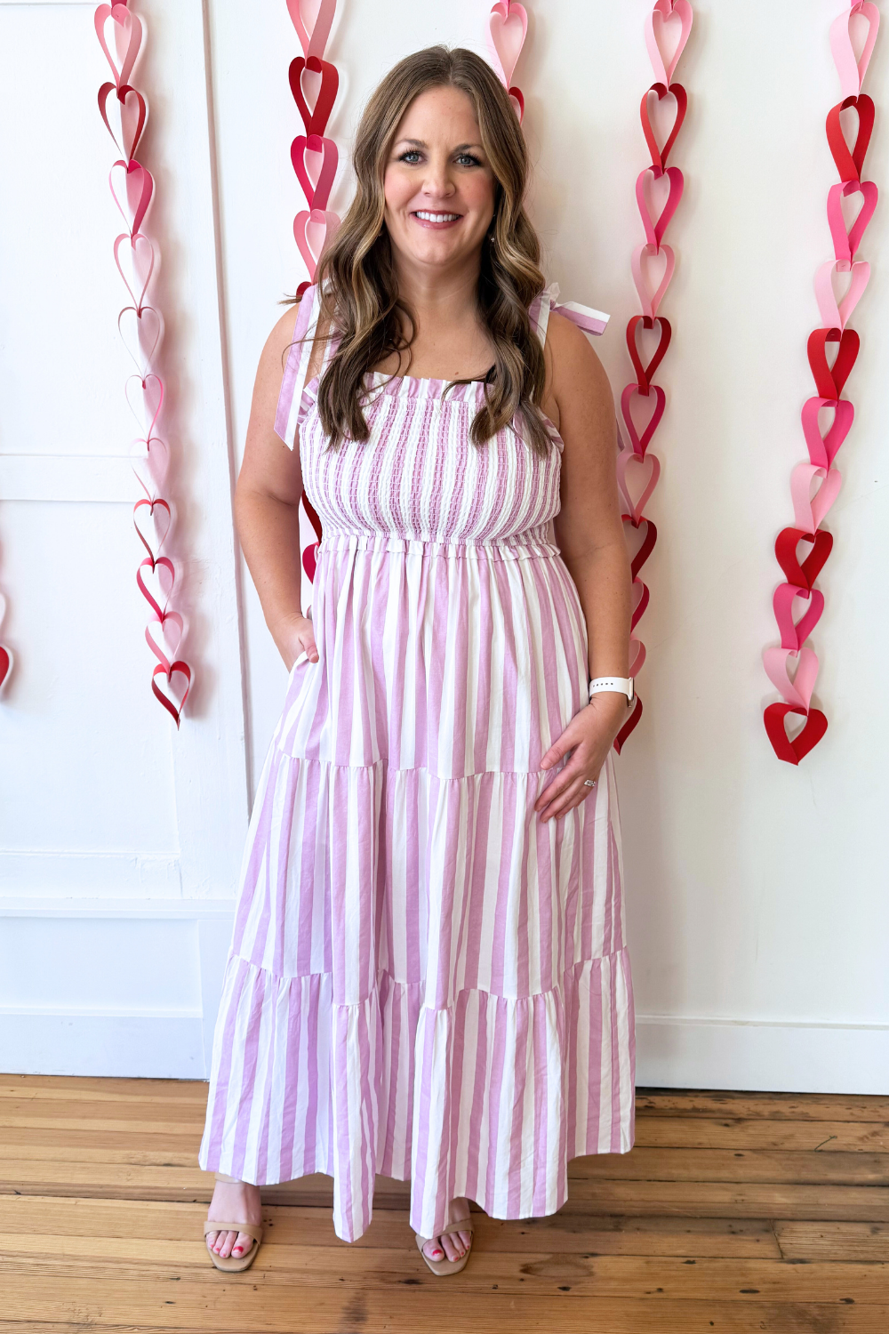 tie shoulder midi dress Stripe Tie Shoulder Smocked Midi Dress Medium / Orchid White