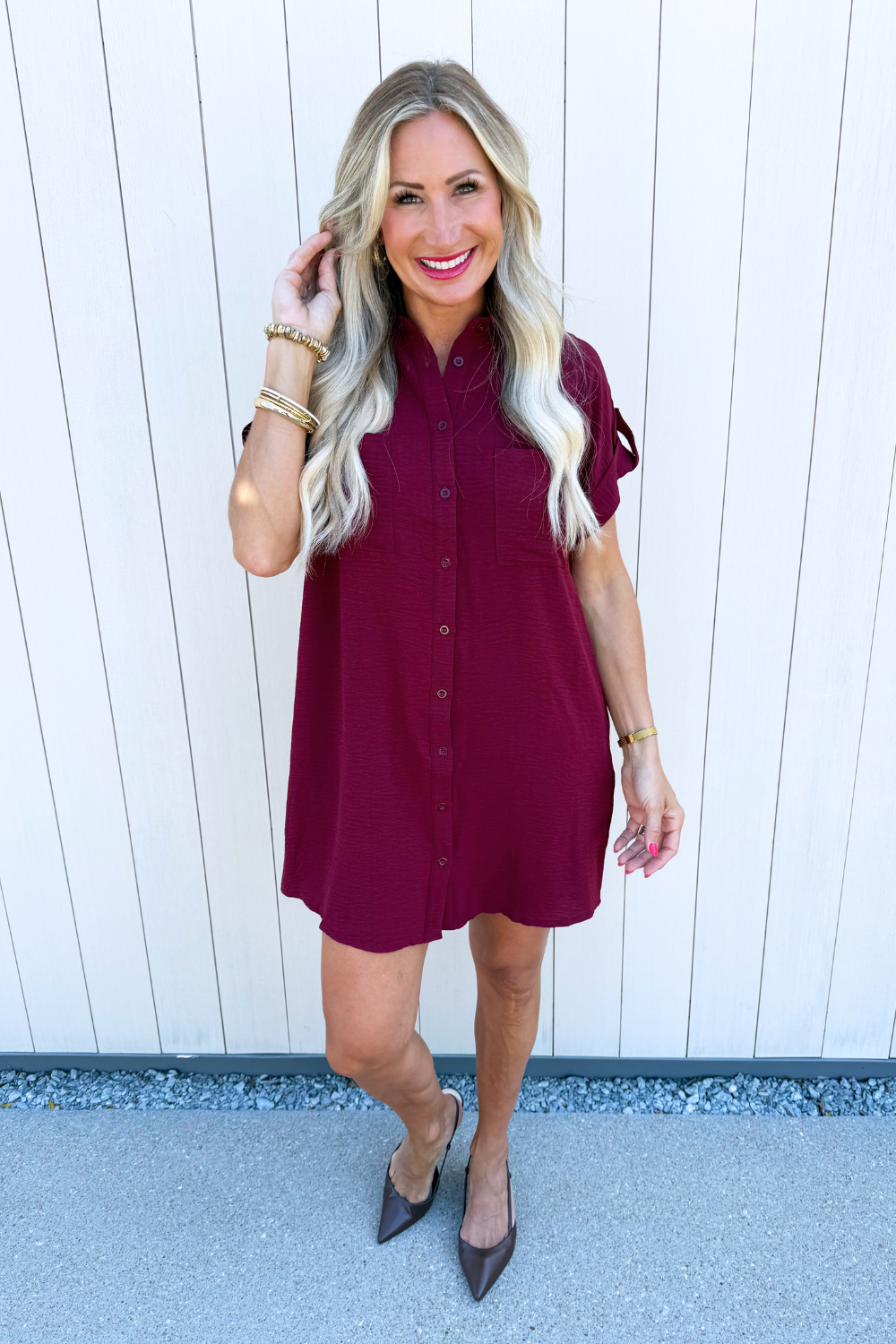burgundy button down dress Drop Shoulder Up Woven Shirt Small / Garnet SIZES:MEDIUM Ash Brown PromotionName: Cyber Sale Beller Long Sleeve Mini
