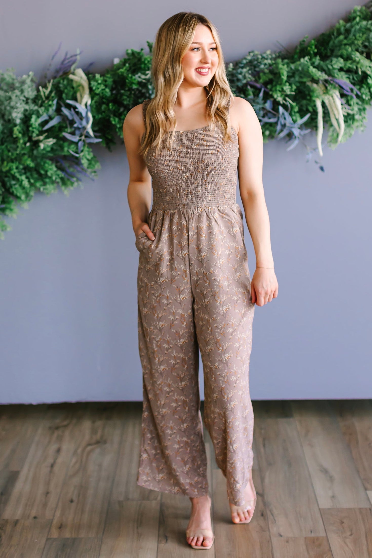 Smocked Floral Wide Leg Jumpsuit