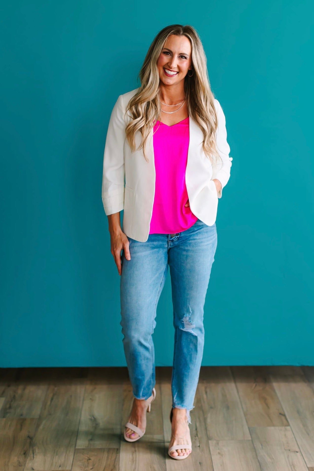 Collarless Pleated Sleeve Blazer