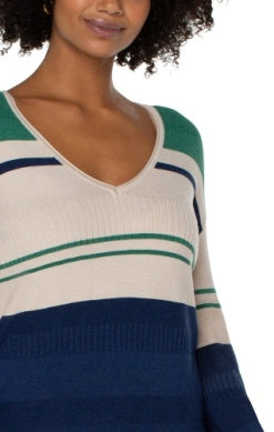 V Neck Blouson Colorblock Sweater