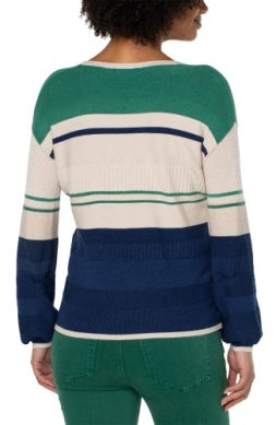 V Neck Blouson Colorblock Sweater
