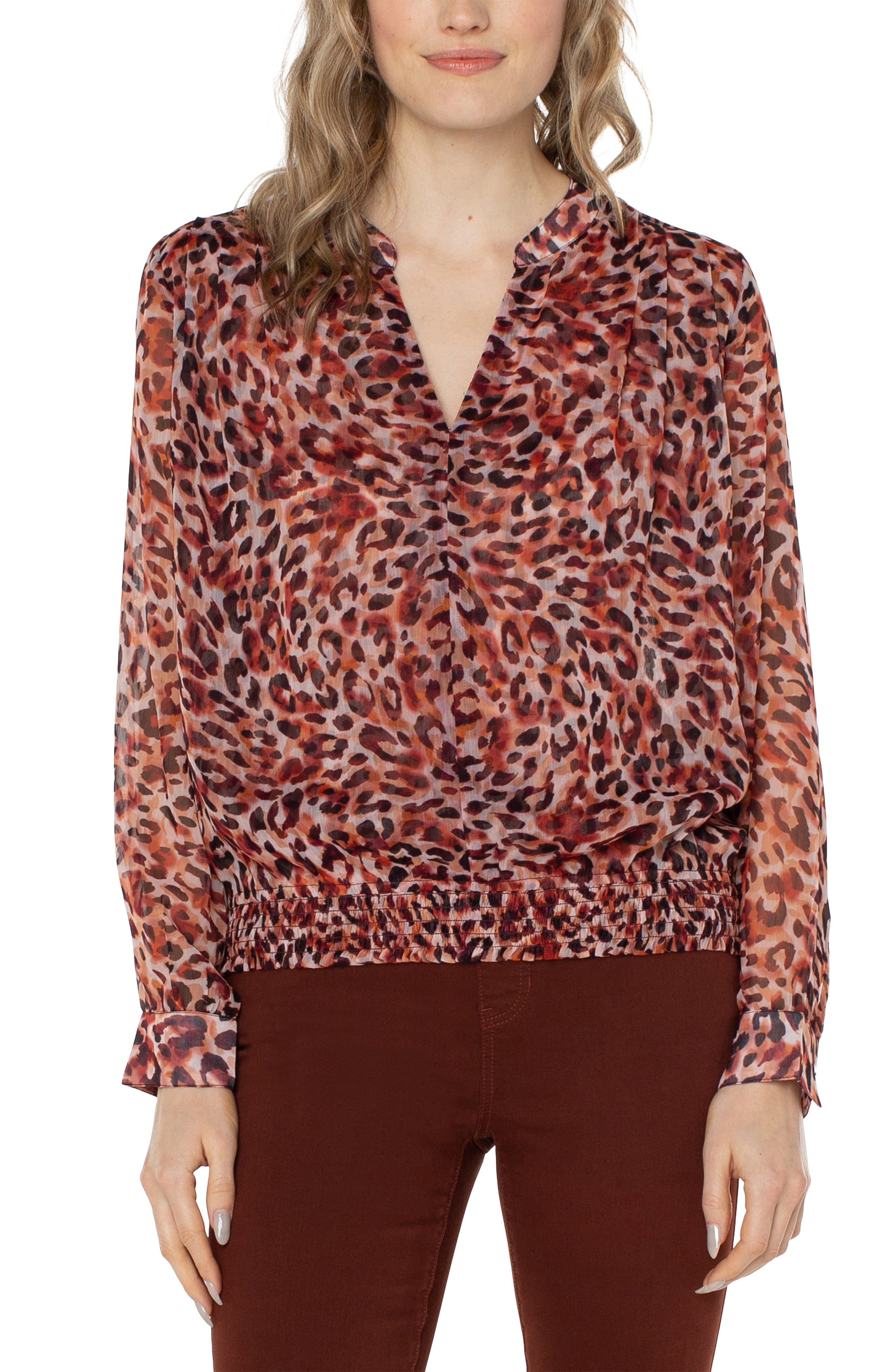 Long Sleeve Blouse W/ Smocked Waistband