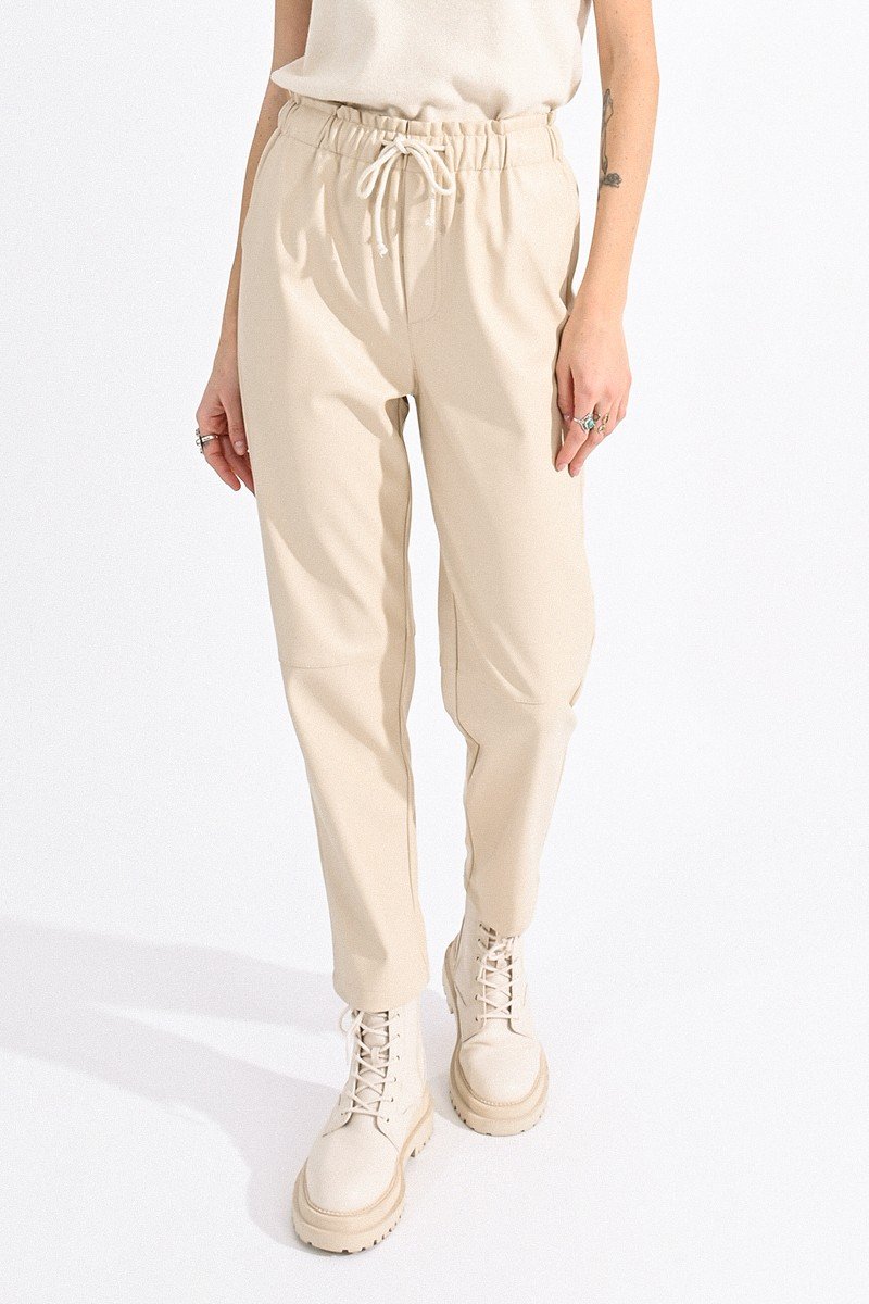 Tie Waist Faux Leather Tapered Pant