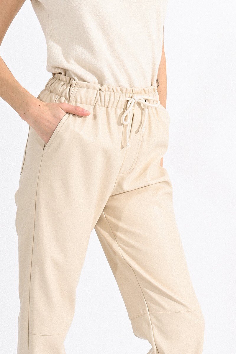 Tie Waist Faux Leather Tapered Pant