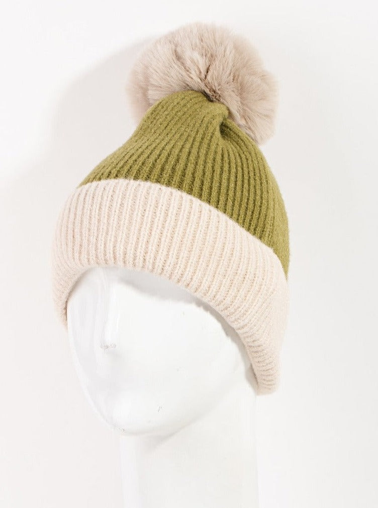 Fuzzy Two Toned Pom Beanie
