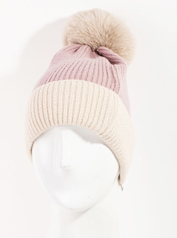 Fuzzy Two Toned Pom Beanie