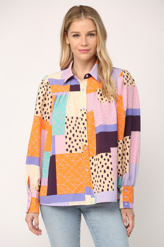 Patchwork Print Button Down Shirt