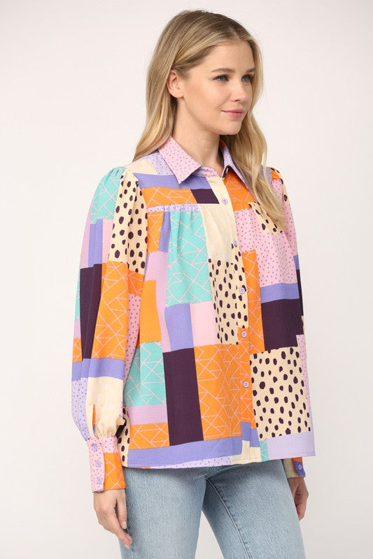 Patchwork Print Button Down Shirt