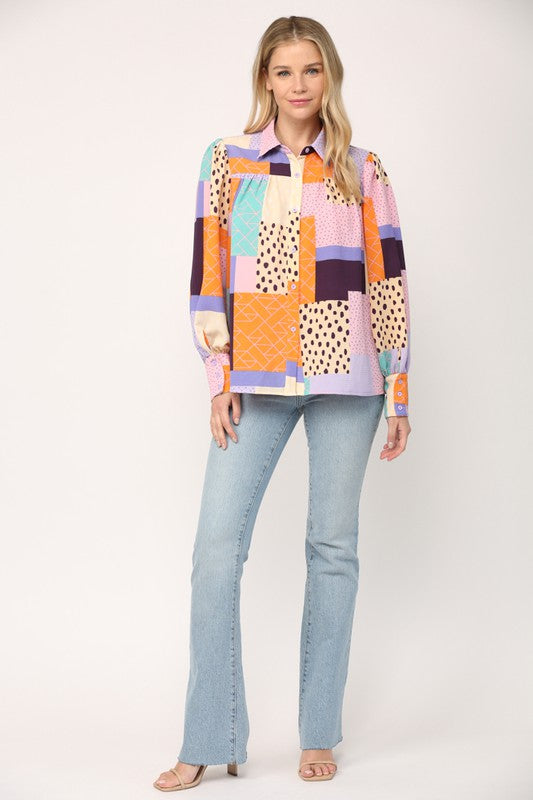 Patchwork Print Button Down Shirt