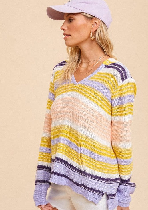 Knit Kangaroo Pocket Hooded Sweater - Mustard/Periwinkle